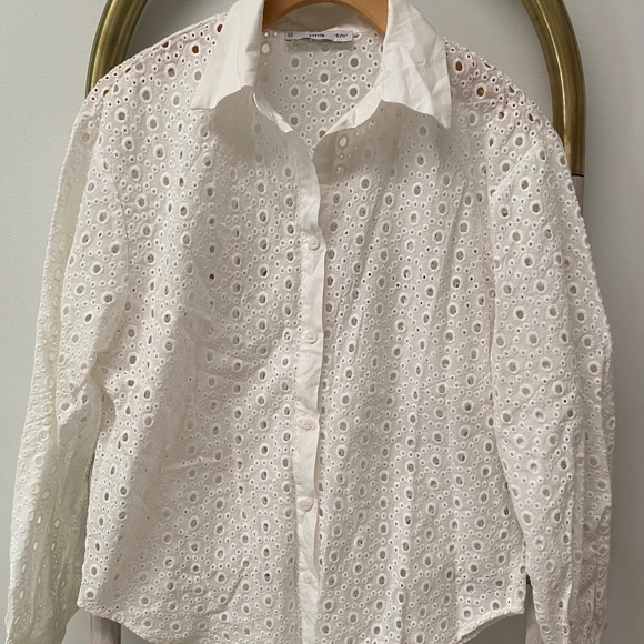 MNG by Mango Elegant Stylish White Open Eyelet 100% Cotton Blouse Shirt Size S - Picture 1 of 8